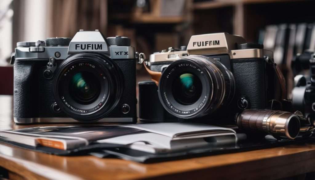 Two fuji x cameras on a wooden table.