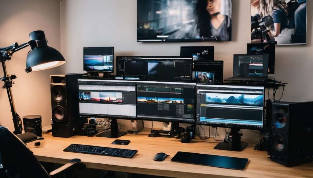 A home office with multiple monitors and a desk.