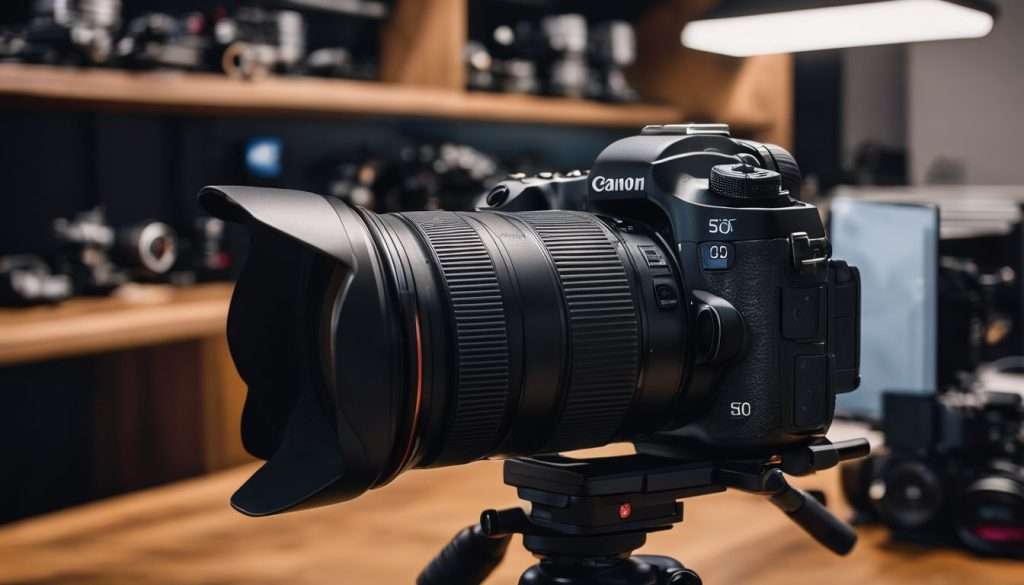 A camera is sitting on a tripod in a room.