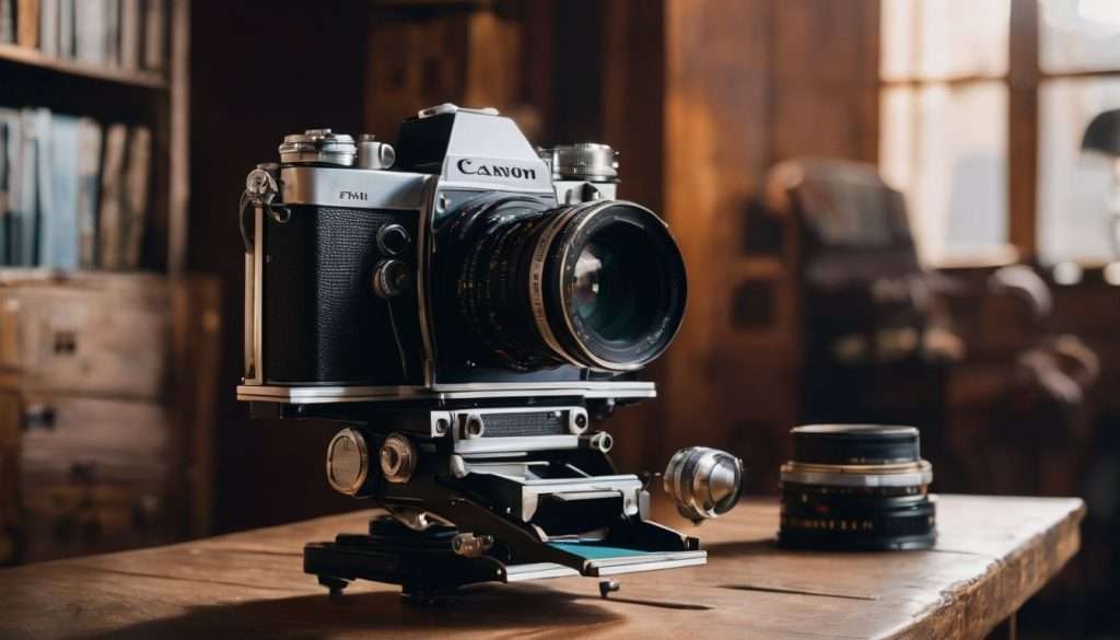 A vintage camera sits on a wooden table.