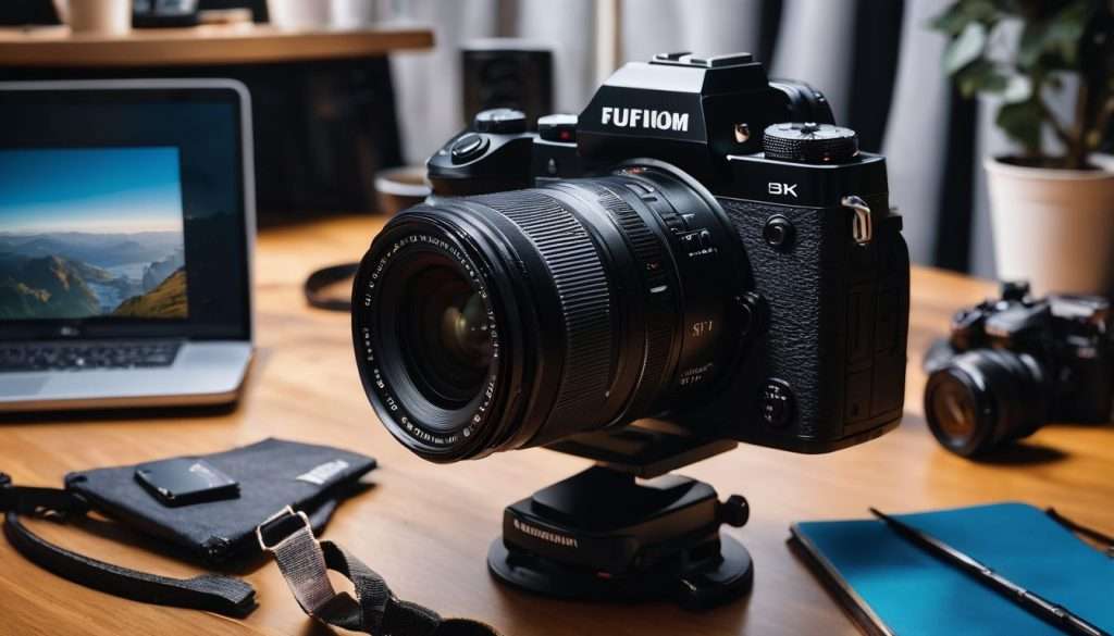 A camera sits on a table next to a laptop.