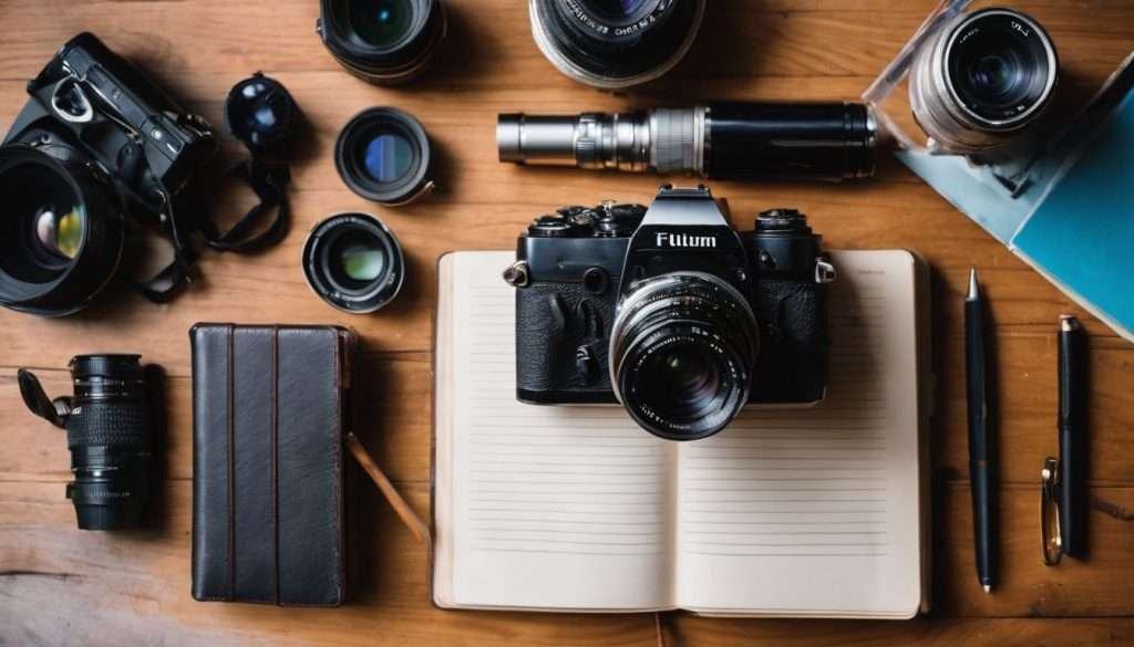 A notebook, camera, and other photography equipment on a wooden table.