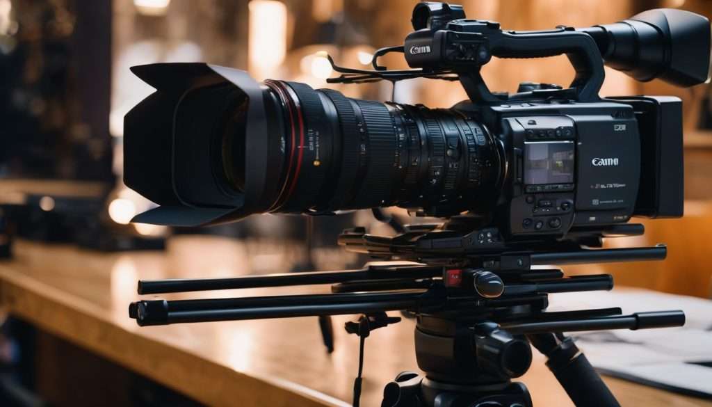 A canon dslr camera on a tripod.