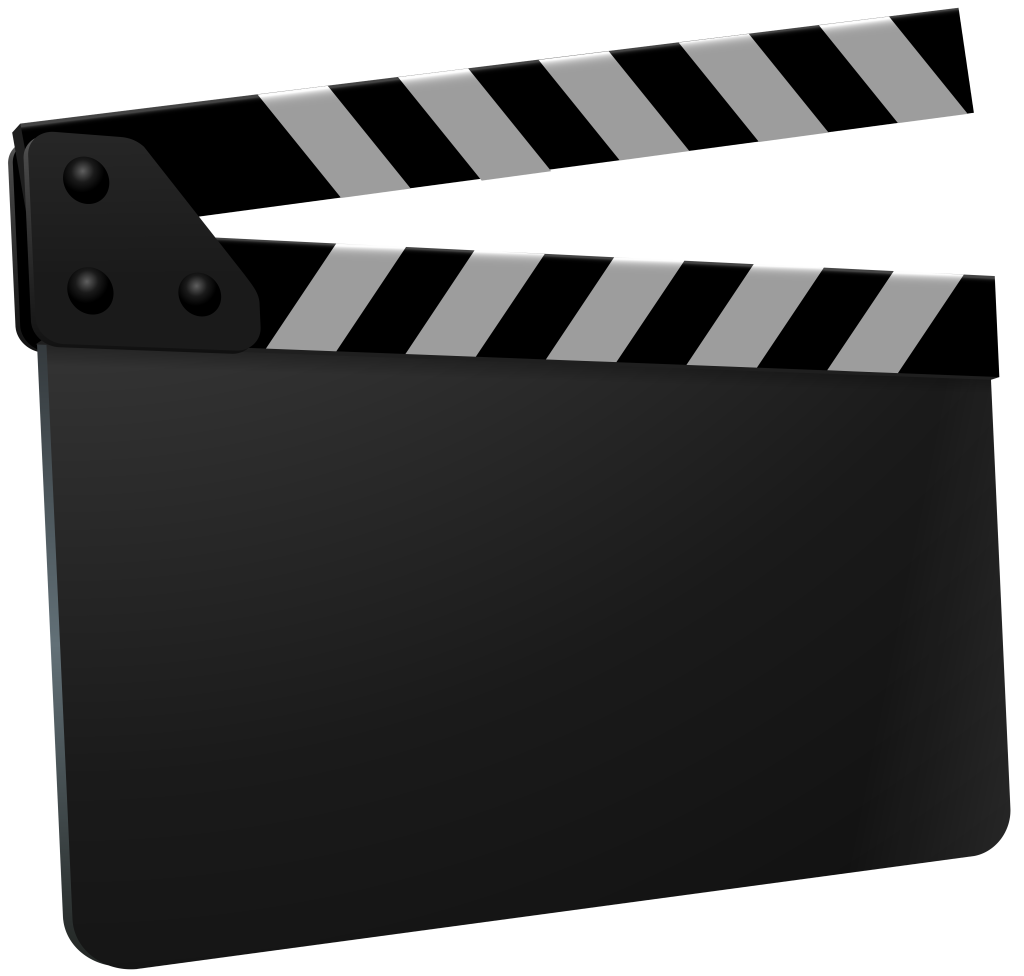 A black and white movie clapper on a white background.