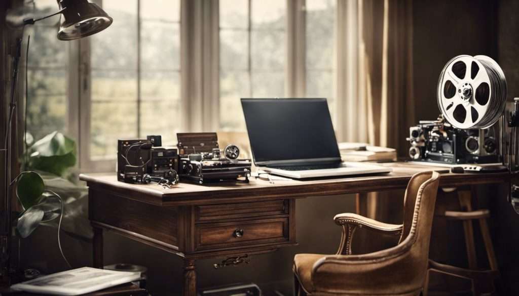 A desk with a laptop and a film reel.