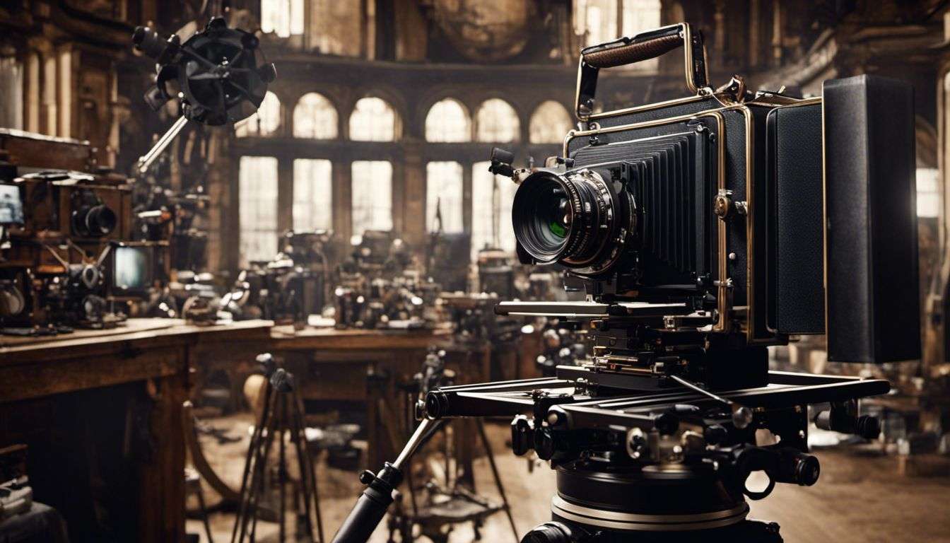 An old camera sits on a table in an old room.