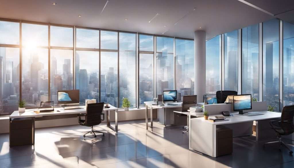 An office with large windows overlooking a city.