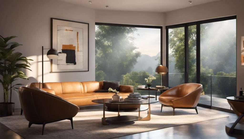 A living room with leather furniture and large windows.