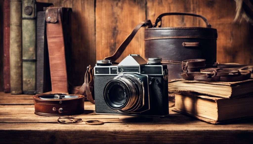 An old camera, books, and other items on a wooden table.