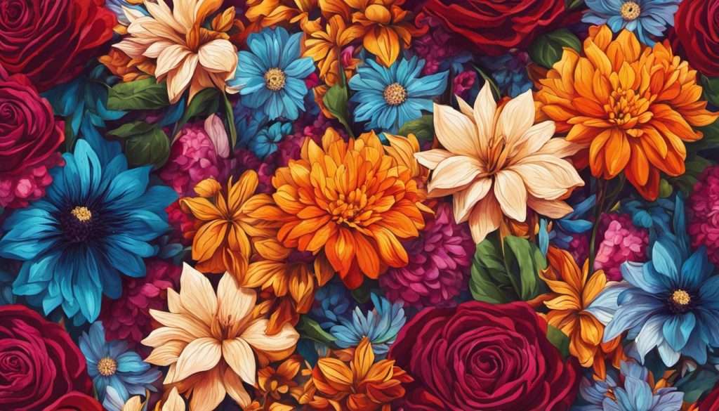 A colorful floral pattern with red, orange, and blue flowers.