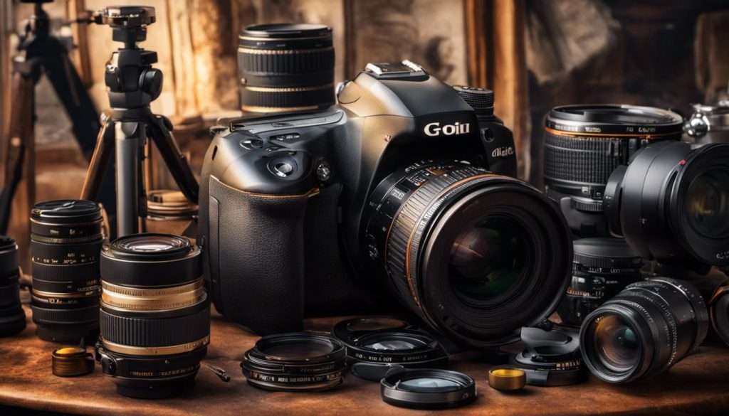 A group of cameras and lenses on a table.