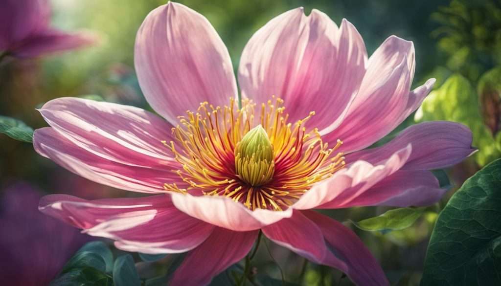 A pink flower in the middle of a green field.