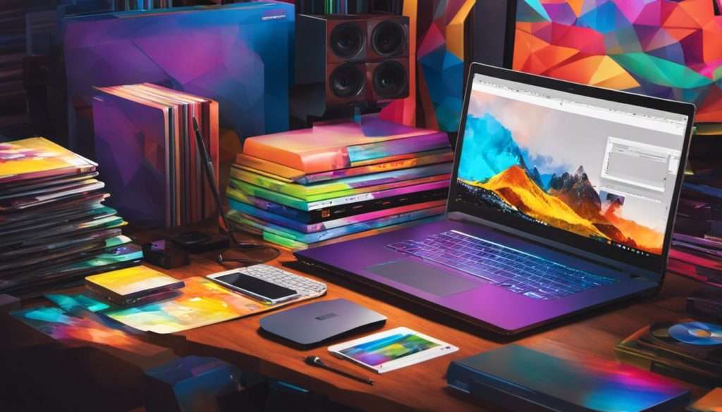A colorful laptop on a desk with books on it.