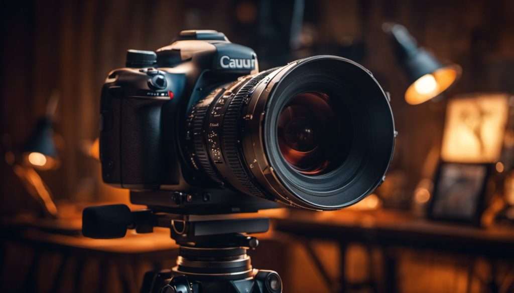 A canon dslr camera on a tripod in a dark room.
