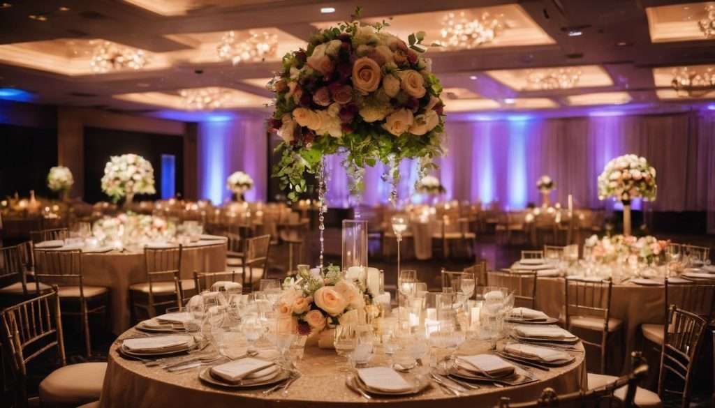 A wedding reception with a large table and centerpieces.