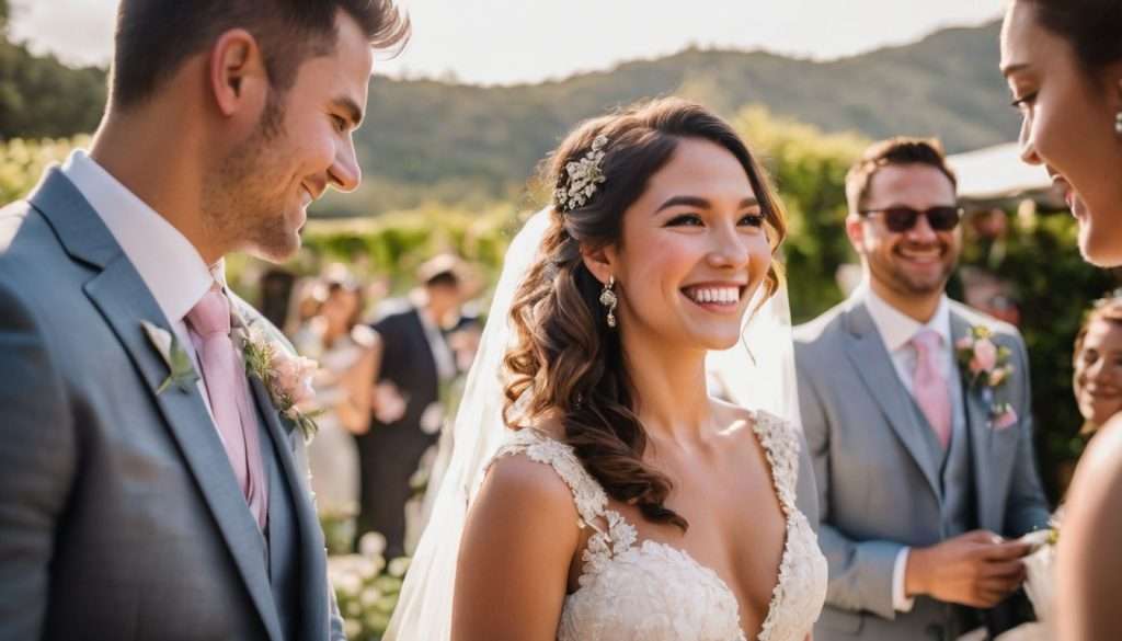 A bride and groom smile at each other during their wedding ceremony.