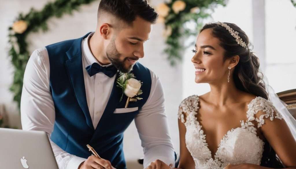 A bride and groom signing their wedding vows in front of a laptop.