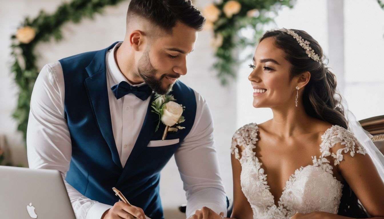 A bride and groom signing their wedding vows in front of a laptop.