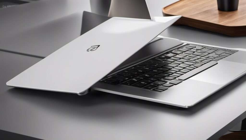 A white laptop is sitting on a desk.