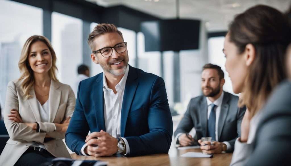 A group of business people in a meeting.