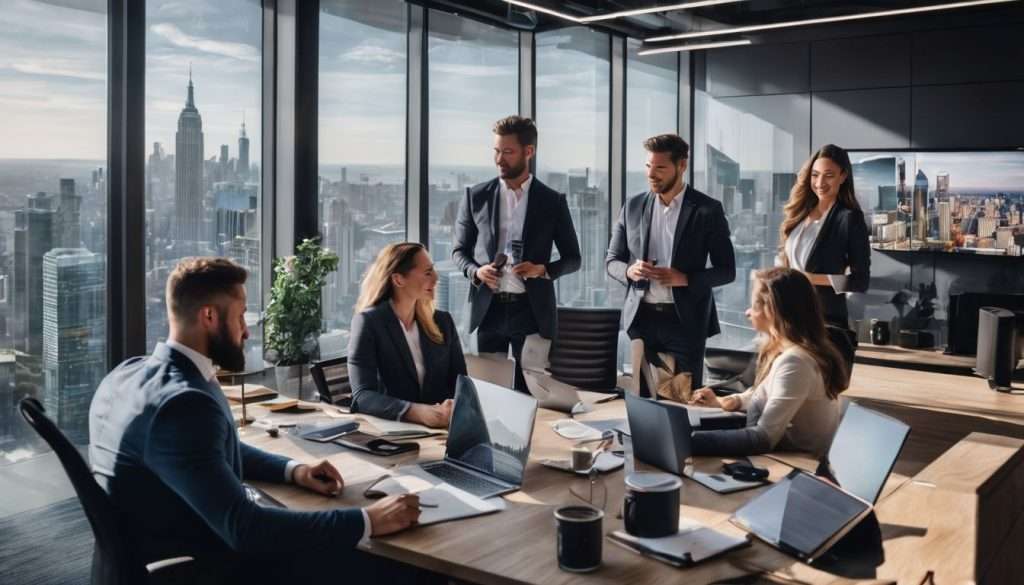 A group of business people in an office with a view of the city.