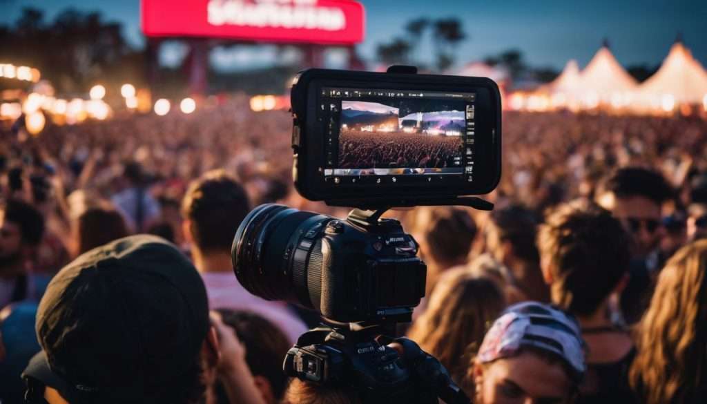 A camera is being used to take a picture of a crowd at a music festival.