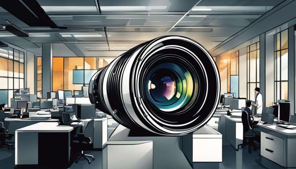 A corporate video production featuring an image of a camera lens in an office setting.