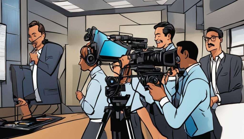 A cartoon illustration of a group of people in front of a camera during a corporate video production.
