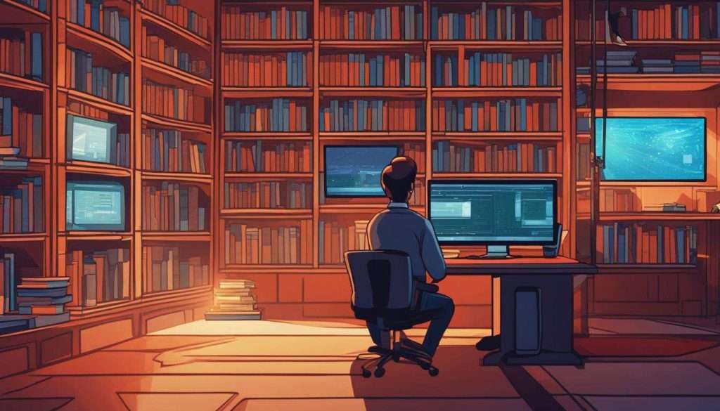 A man sitting at a desk in front of a bookshelf, engrossed in training videos.