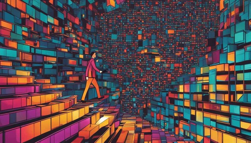 An illustration of a man walking through a colorful building, as seen in training videos.
