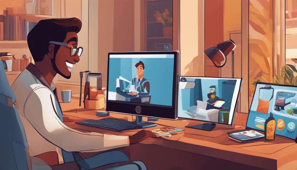 A man sitting at a desk with two monitors in front of him, meticulously reviewing product videos.