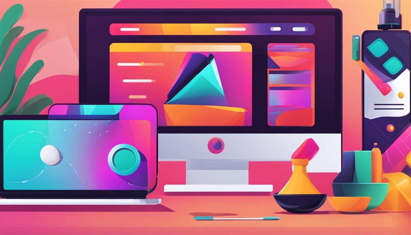 A visually striking desktop with a computer, tablet, and various items - perfect for showcasing product videos.