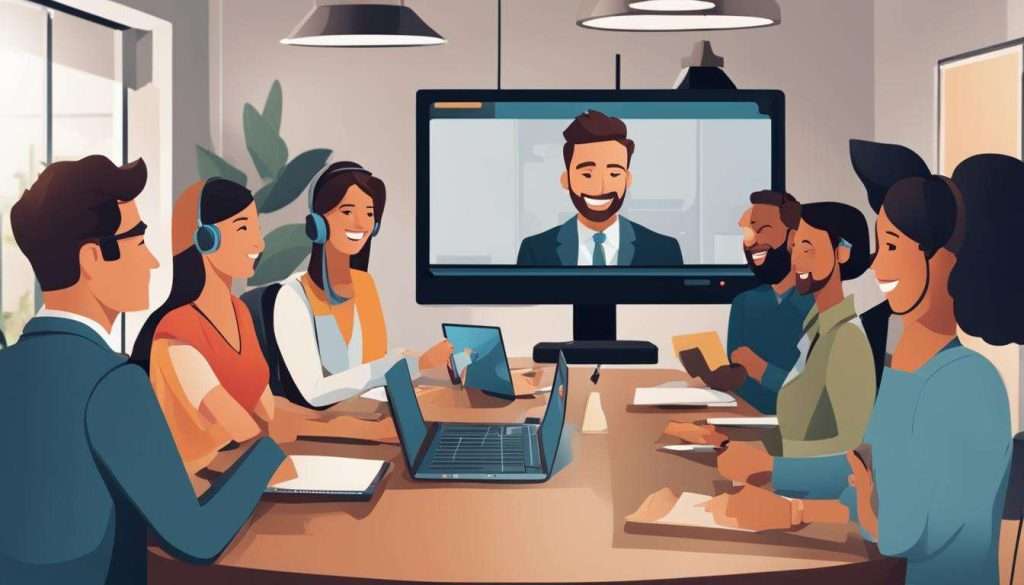 A group of people sitting around a table watching a video conference showcasing testimonial videos.