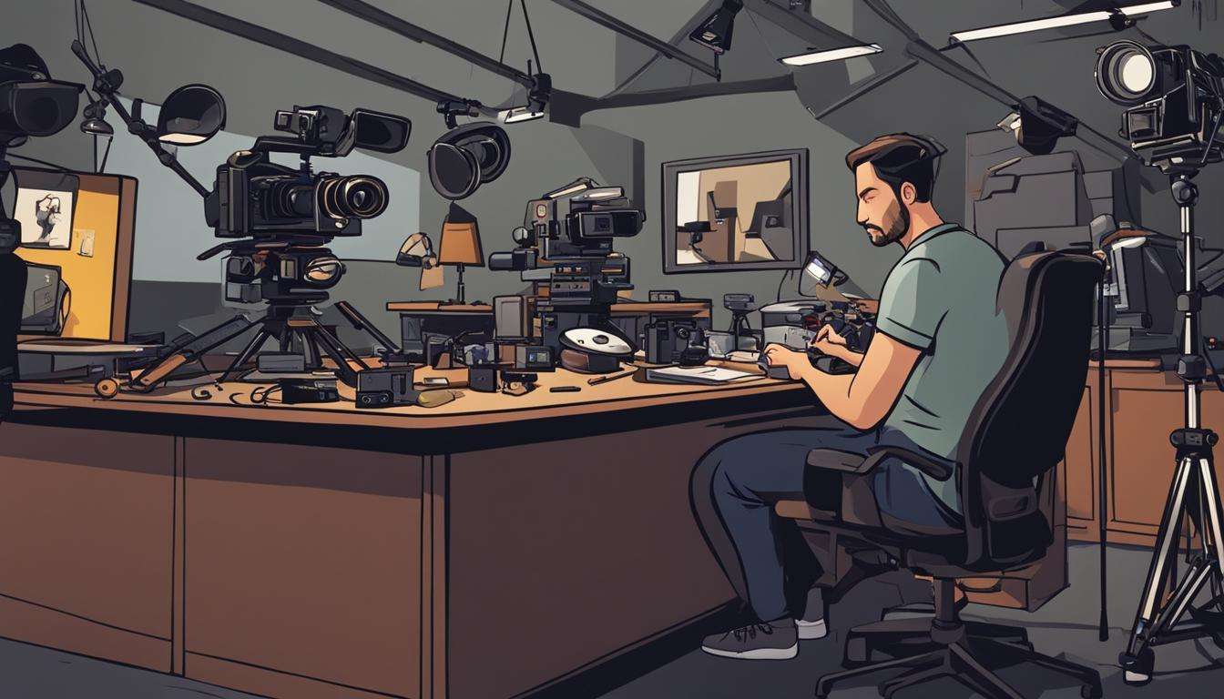 A man creating testimonial videos at a desk with a camera and other equipment.