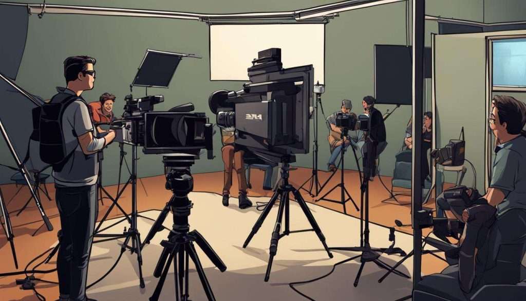 A group of people filming testimonial videos in a video studio.
