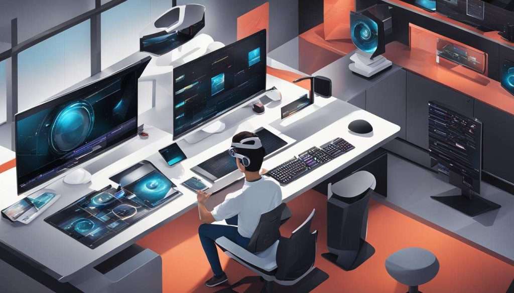 A man is sitting at a desk with several monitors, focused on creating top-notch company profile videos.