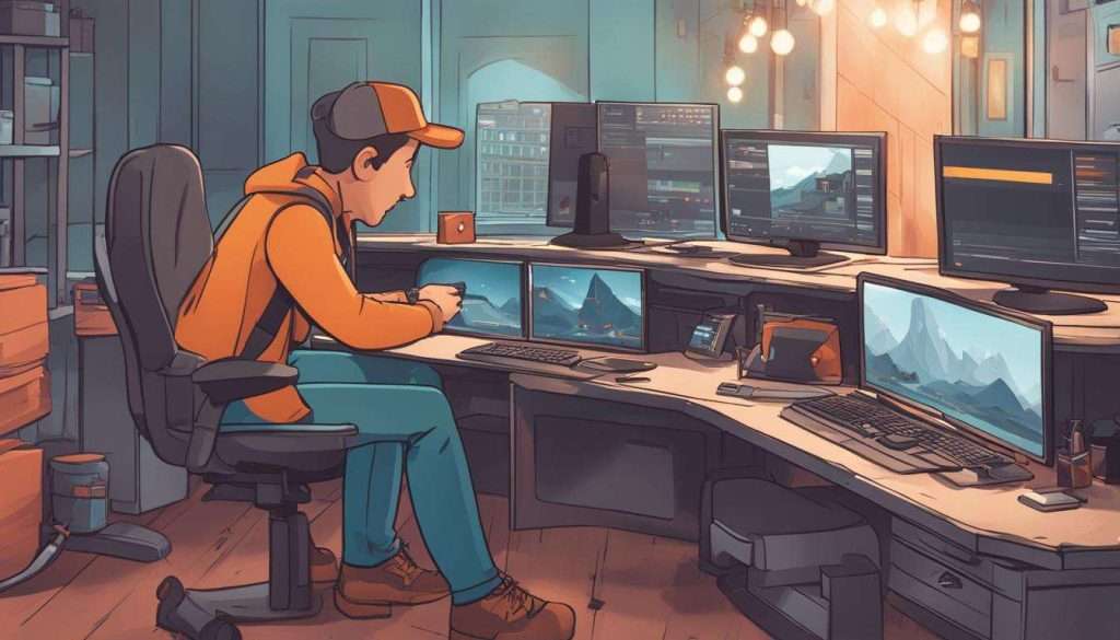 An illustration of a man sitting at a desk with several monitors, engrossed in video editing.