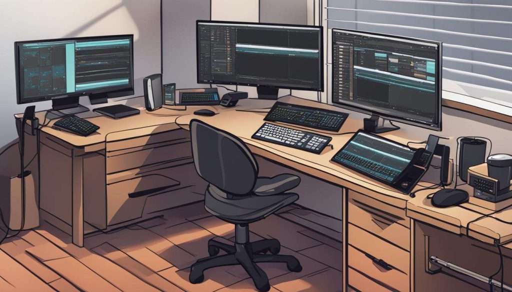 An illustration of a computer desk with several monitors showcasing captivating motion graphics.