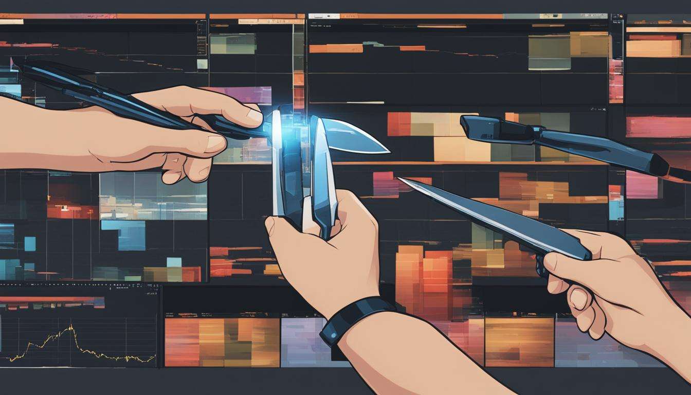 A pair of hands engaging in motion graphics while holding a knife in front of a computer screen.
