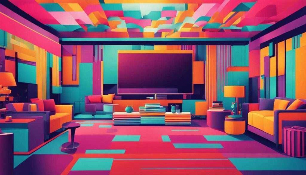 A colorful living room with vibrant furniture. (colorful, furniture)