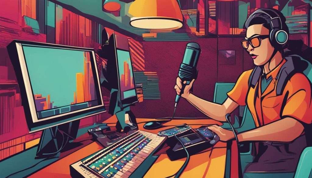 A cartoon illustration of a man providing voiceover services in a recording studio.