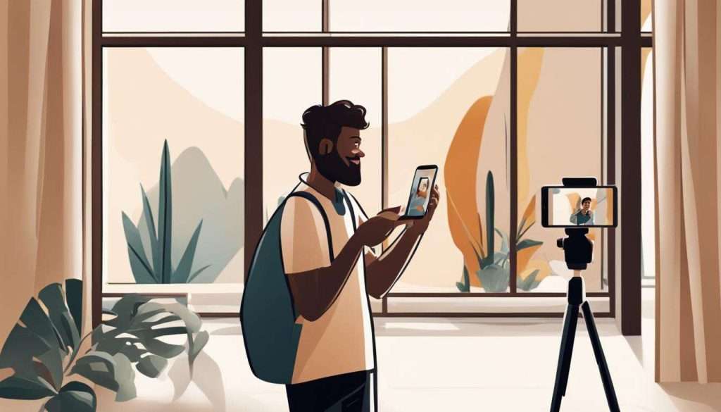 A man is capturing a photo with his phone in front of a window, showcasing the potential for video marketing.
