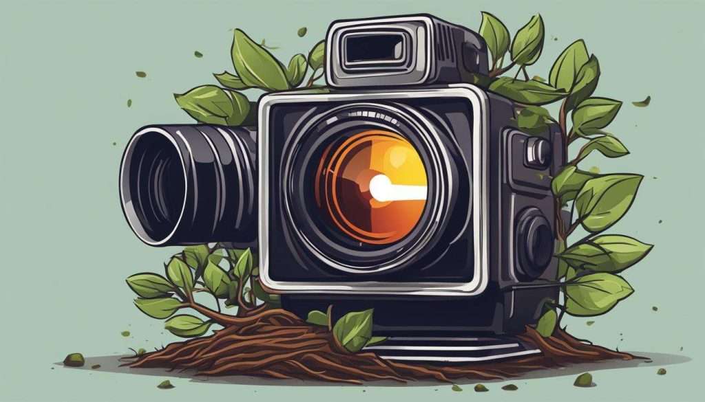 An illustration of a camera capturing the vibrant essence of nature with leaves gracefully adorning its frame.