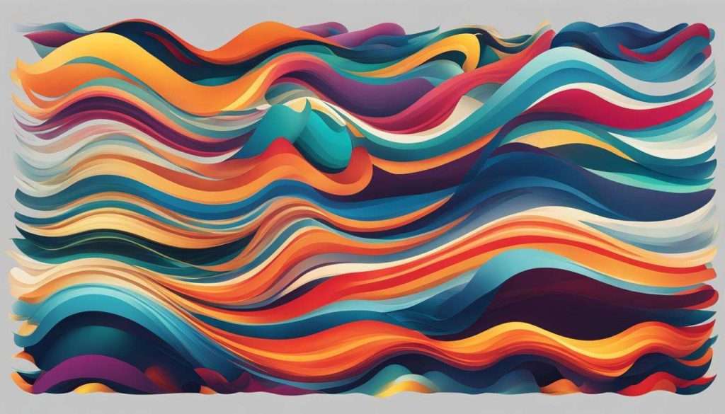 A vibrant abstract wave pattern on a neutral background enhanced with sound design elements.
