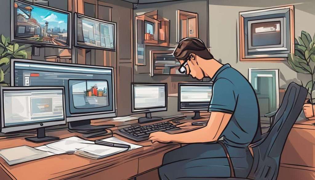 A man utilizing video SEO techniques while sitting at a desk with several monitors.