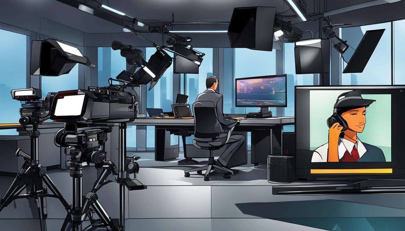 A man on a phone in a video production studio.