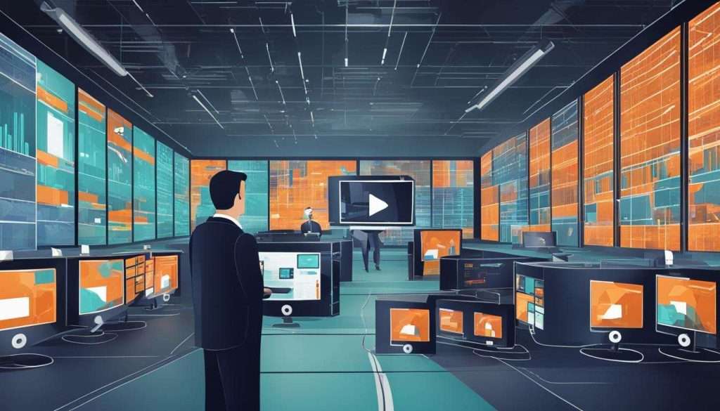 A man is standing in front of a room full of monitors, monitoring video analytics.