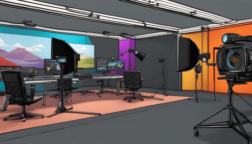 A creative cartoon illustration of a video studio for creative video productions.