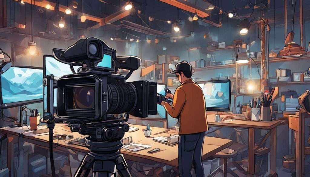 An illustration of a man in a studio capturing videos with a camera for production purposes.