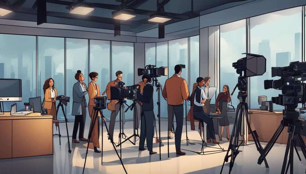 A cartoon illustration of people in a newsroom producing videos.